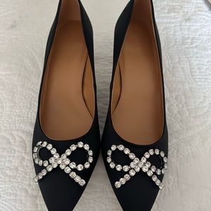 NWT J. Crew black satin and crystal bow kitten heels size 8